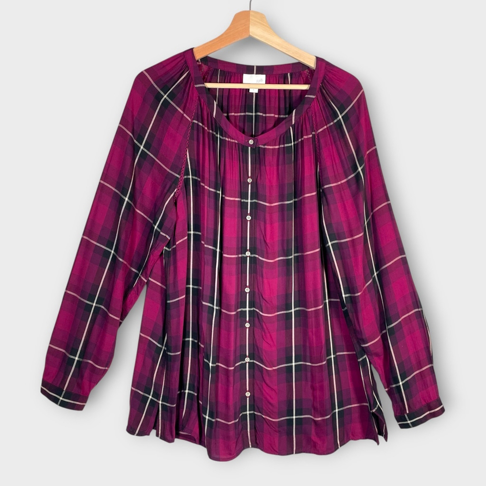 J Jill Button Up Top Blouse LARGE Plaid, Boho Casual, Romantic Grunge, EUC
